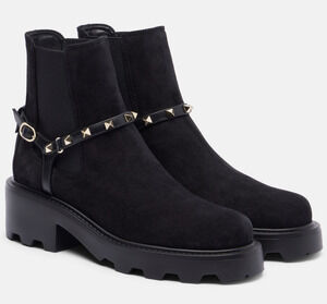 Valentino Rockstud Beatle Black Suede 55mm Short Ankle Flat Chelsea Boot 37.5